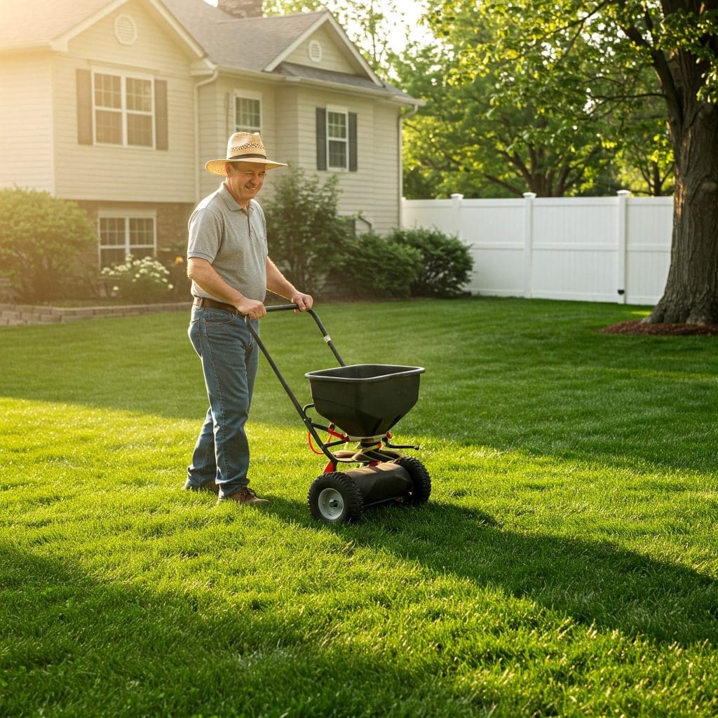 A gardener carefully spreading fertilizer on a lush green lawn in Ohio, ensuring a healthy and vibrant landscape.