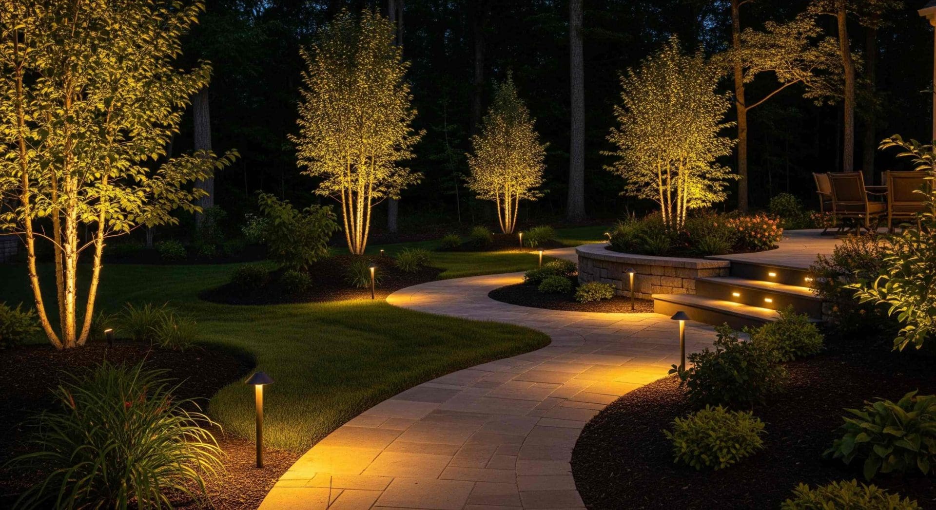 A split-screen 3D rendering showing the before and after of an Ohio backyard, with the after side featuring a designed fire pit patio, outdoor kitchen, and lighting layout.