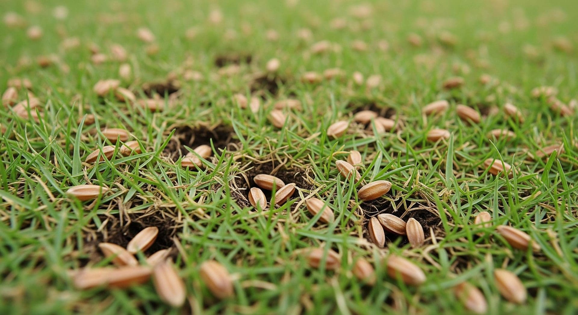 Grass overseeding with visible seeds on freshly aerated soil surface.