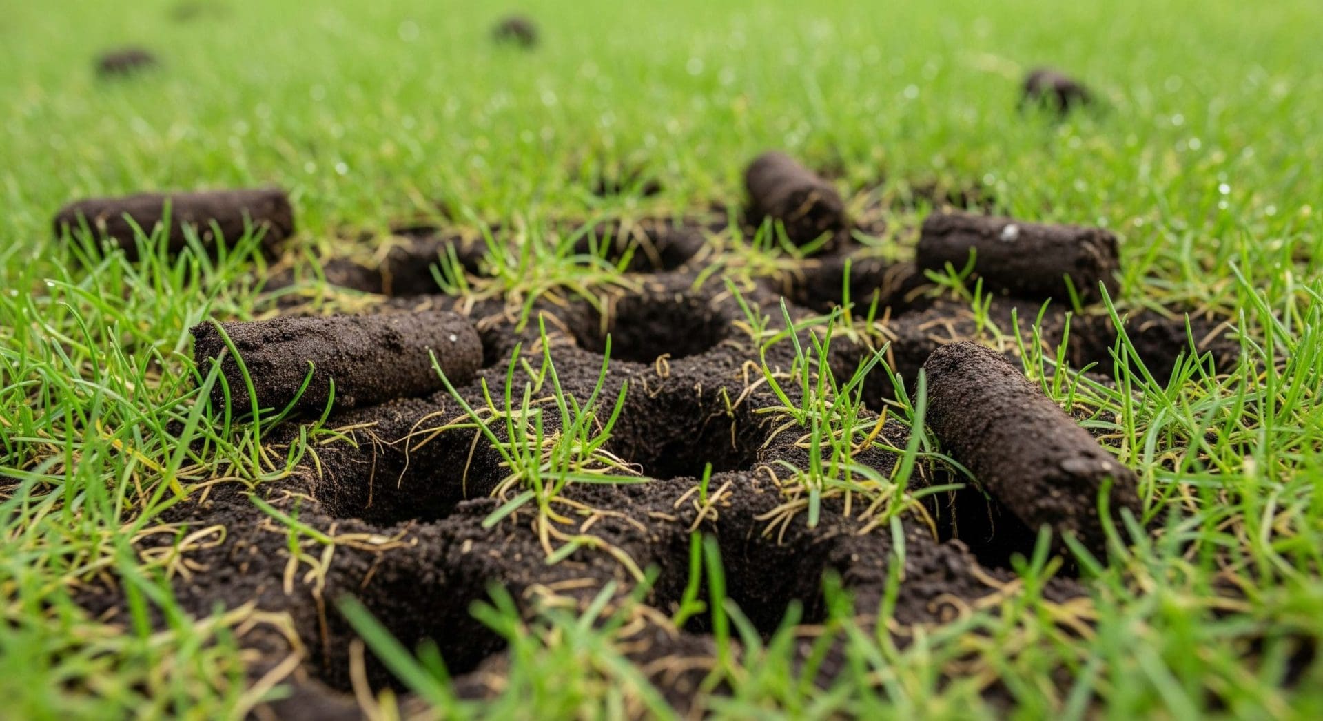 Close-up of lawn aeration showing soil plugs