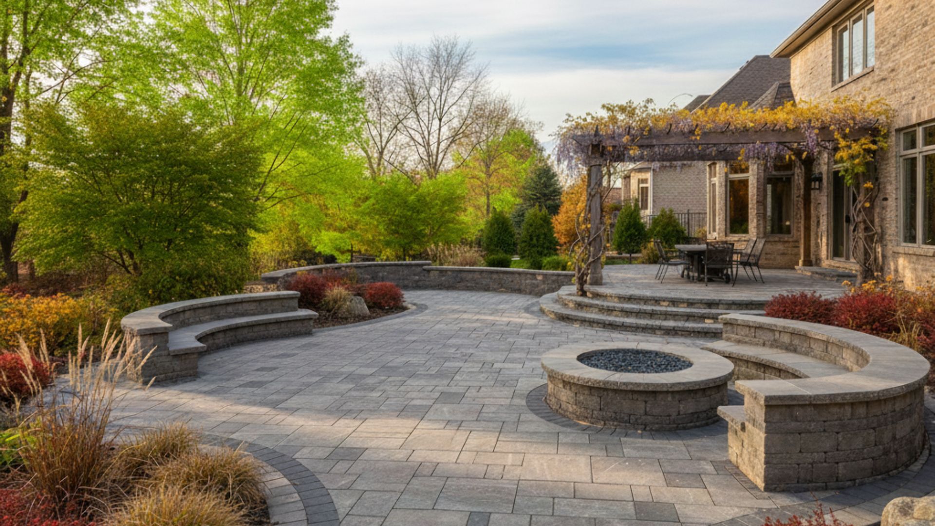 a tiered retaining wall with integrated planting pockets on a sloped backyard, showcasing autumn colors and well-placed lighting