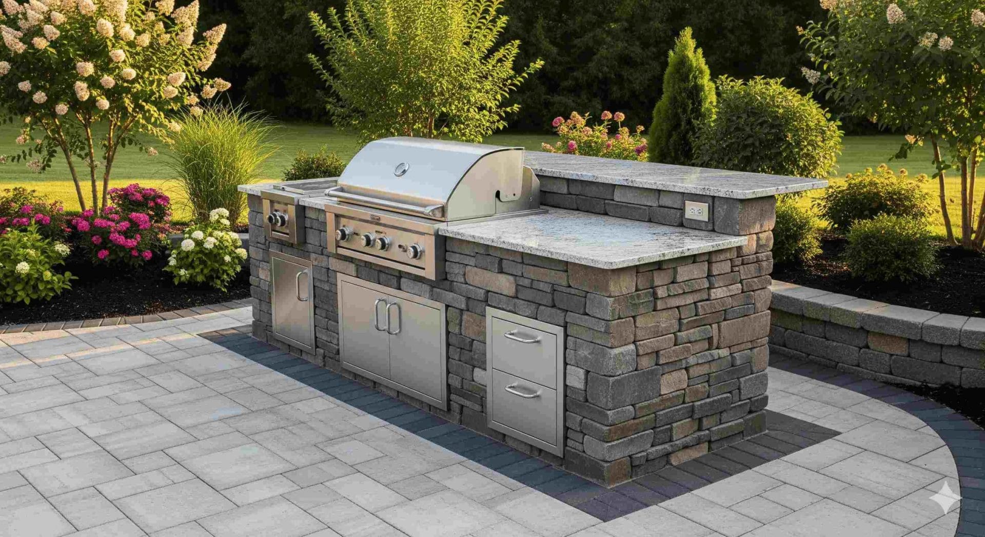 a custom outdoor kitchen with a stone grill island and prep counter set on a clean paver patio, surrounded by seasonal landscaping.