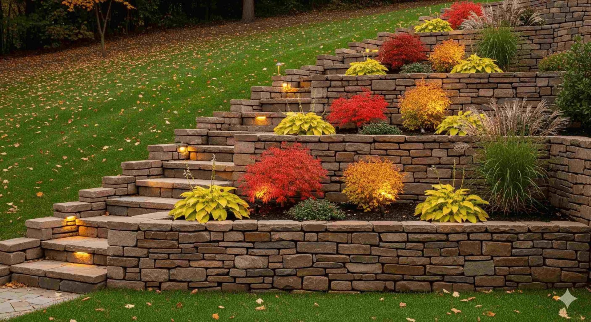 a tiered retaining wall with integrated planting pockets on a sloped backyard, showcasing autumn colors and well-placed lighting.
