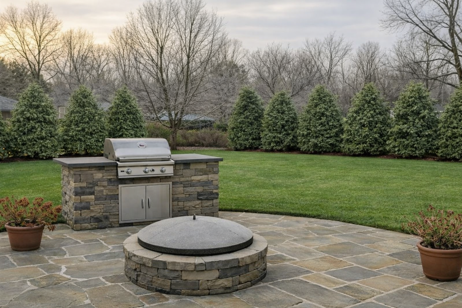 Ohio backyard patio with grill station and fire pit, ideal for outdoor living upgrades.