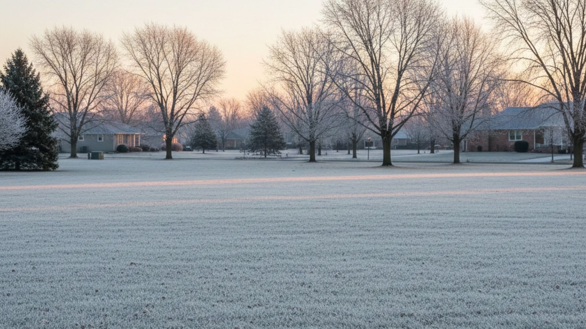 Snow-covered residential lawn in Northwest Ohio with healthy, dormant grass and surrounding trees.