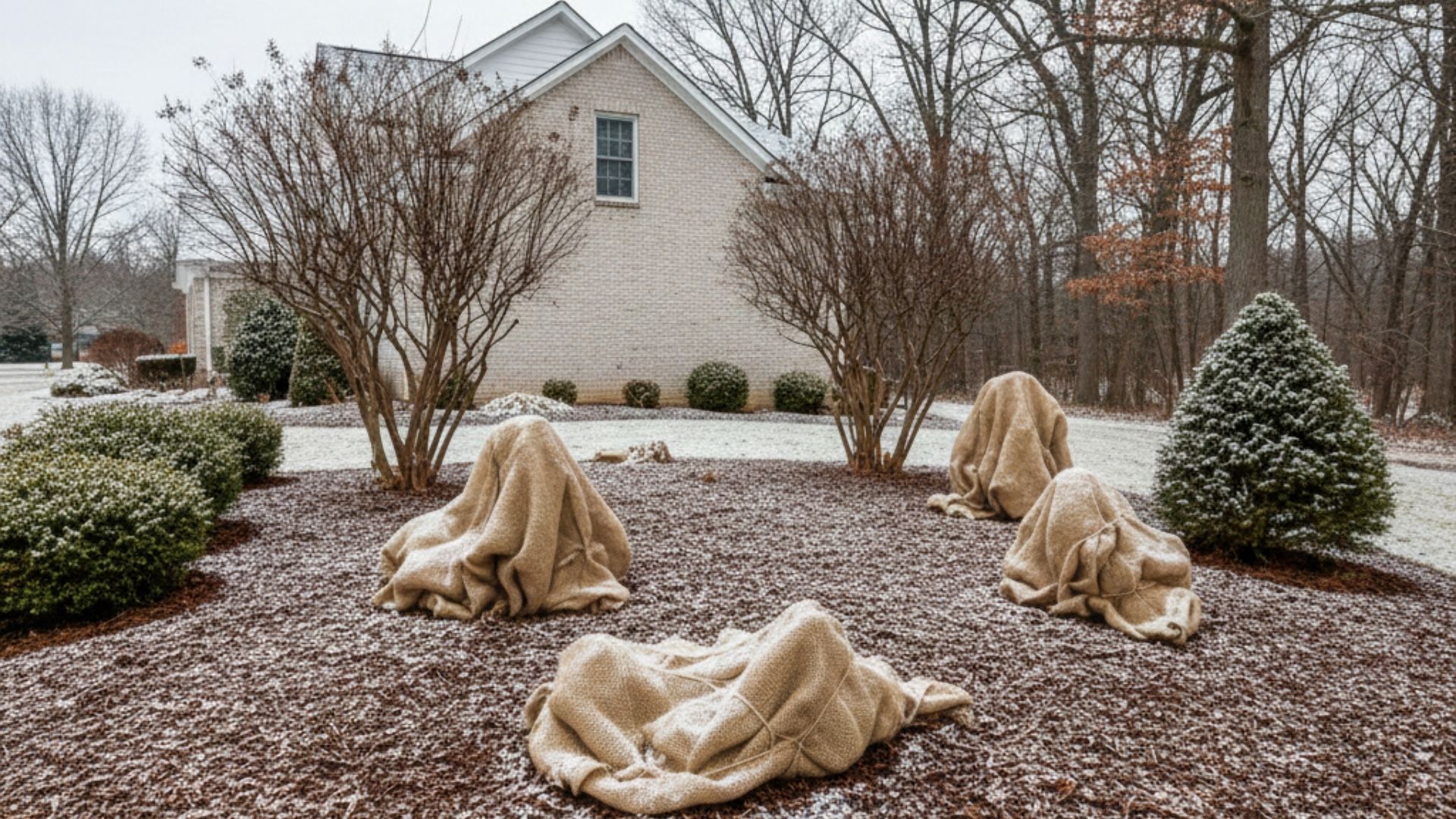 Mulched garden bed with burlap-wrapped shrubs and protective fencing around young trees in a residential yard during winter.