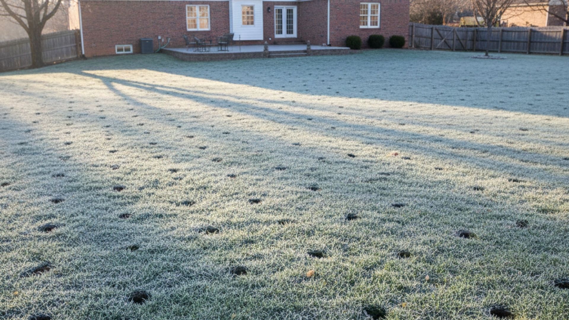 Lawn with visible aeration holes and light frost on the grass, showing early preparation steps for spring recovery.