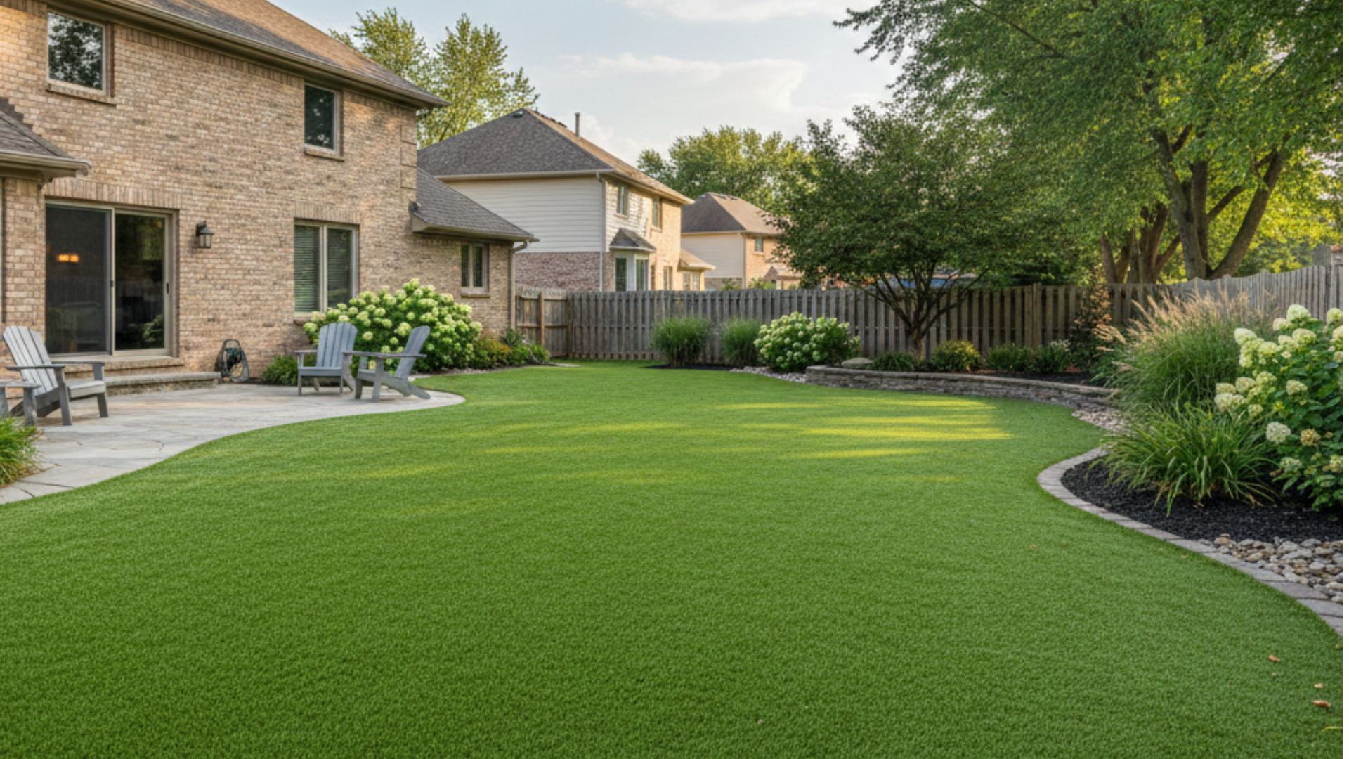 Lush artificial turf lawn in a Perrysburg, Ohio backyard during summer.