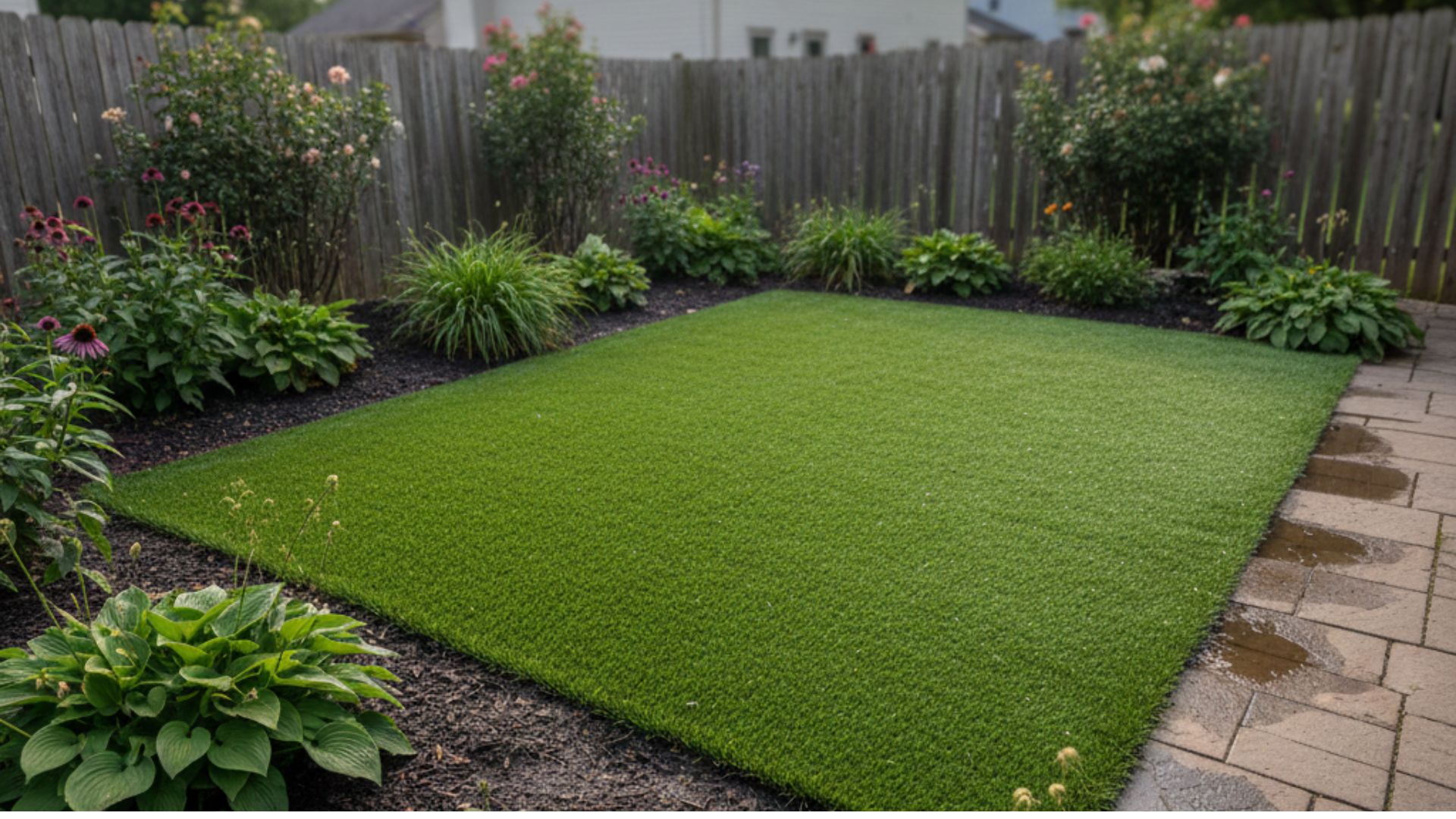 Artificial turf yard in Wauseon, Ohio showing dry surface after rainfall.