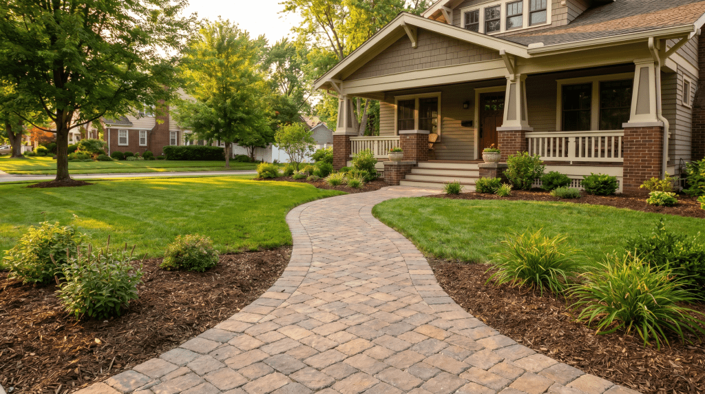 Curved paver walkway leading to a Wauseon, OH home with fresh front yard landscaping