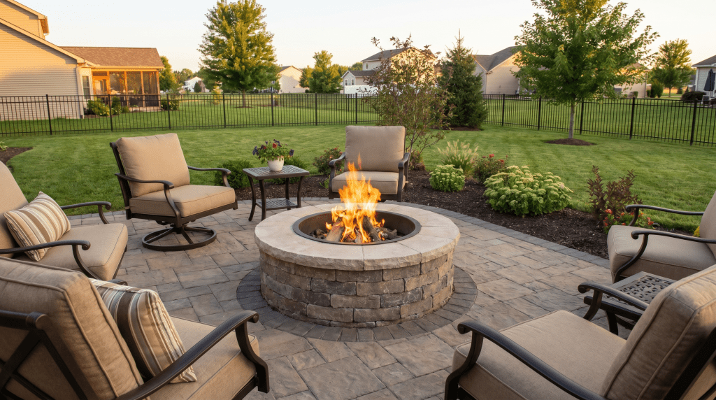 Stone outdoor fireplace and fire pit patio designed for Wauseon, Ohio backyards