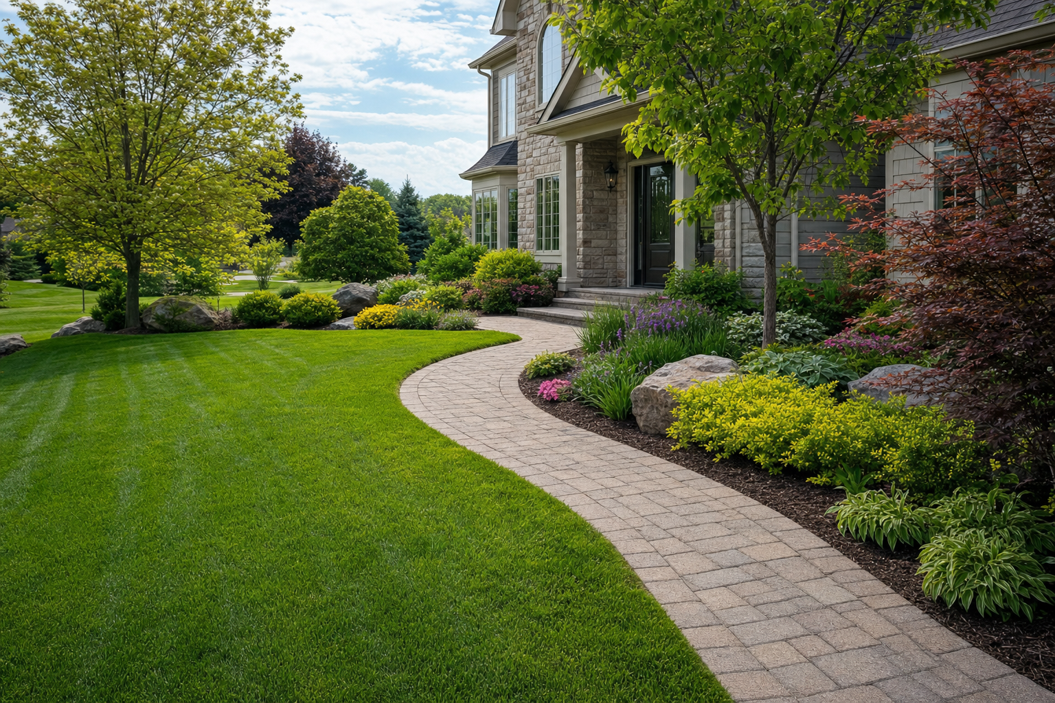 Finished landscape design with a curved paver walkway, lawn, trees, and planting beds