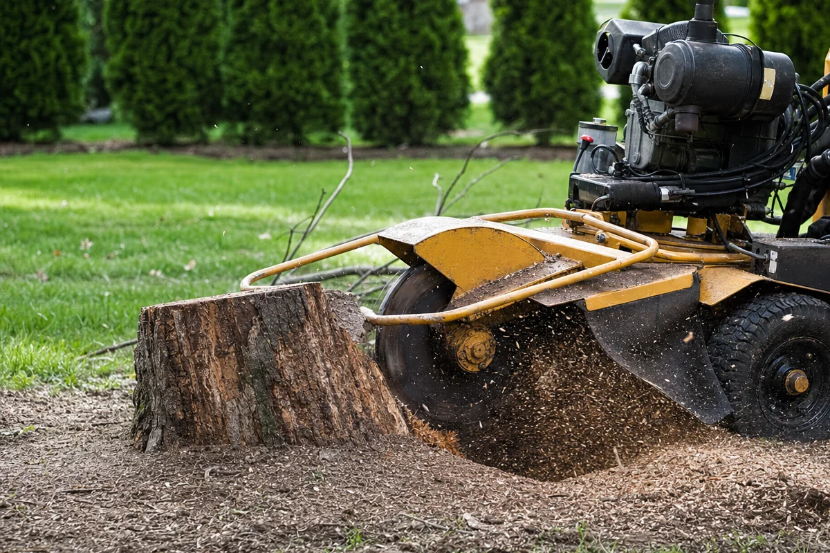 Stump grinder removing a tree stump in a Perrysburg-area yard